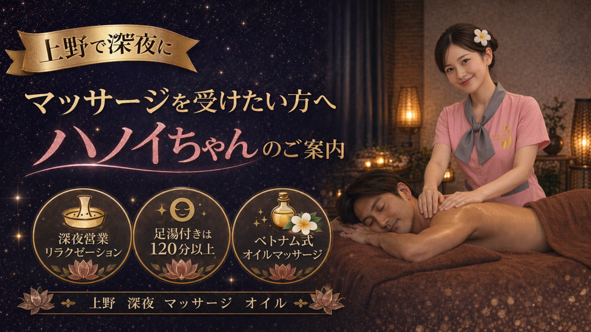 上野で深夜にマッサージを受けたい方へ ハノイちゃんのご案内
